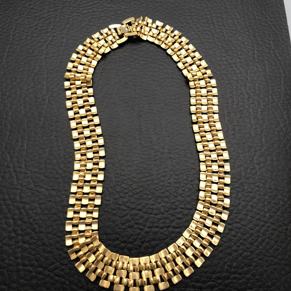 Gold Tone Panther Link Necklace 16 in Chunky 5-Row Metal Weave Bib Collar - Picture 5 of 7